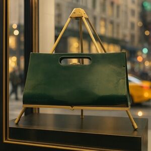 Vintage 70s PATENT FOREST EMERALD GREEN LEATHER LARGE CLUTCH